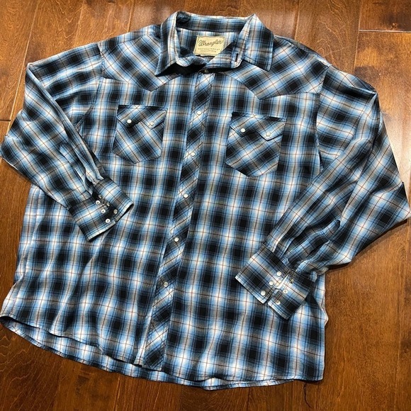Wrangler Western Ranch Pearl Snap Plaid Blue White Red Men's Size XXL - Picture 2 of 7